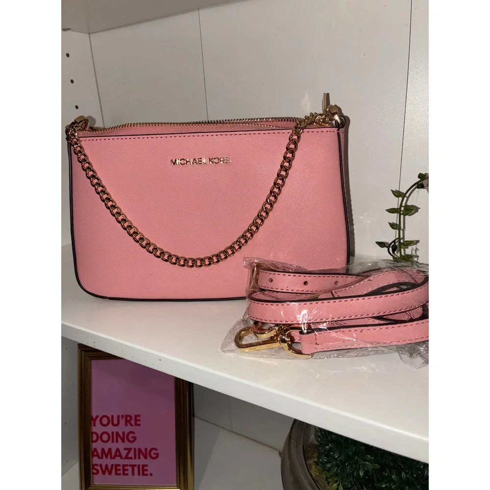 Michael Kors Jet Set Travel Medium Pouchette Crossbody Bag Pink Saffiano Gold